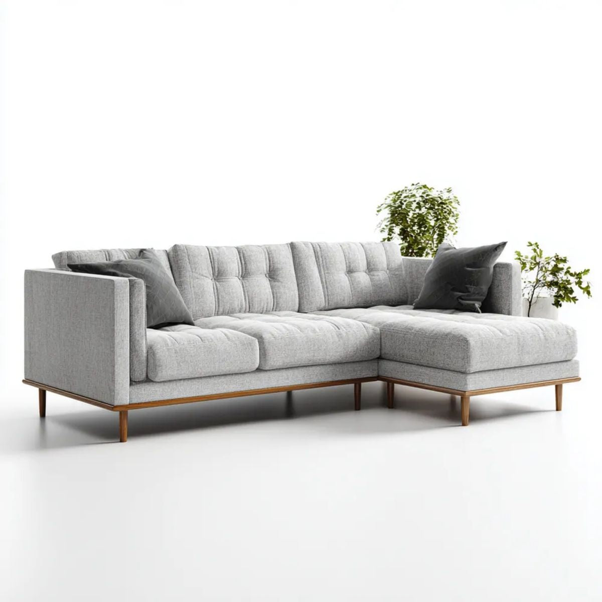 Sofa, 4 fotela z szezlongiem na prawo w kolorze jasnoszarym poliestrowym i brązowy, barwy białej, litego drewna, 260 x 160 x 85 cm