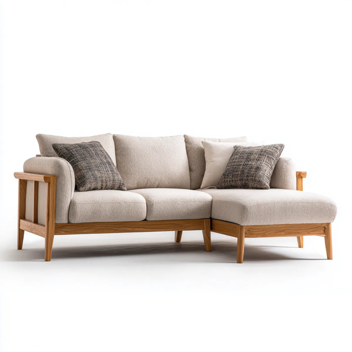 Sofa, 3-osobowa kanapa narożna z kremem szezlongiem 250 x 160 x 85 cm z poliestrowego dębu litego drewna kształt litery L