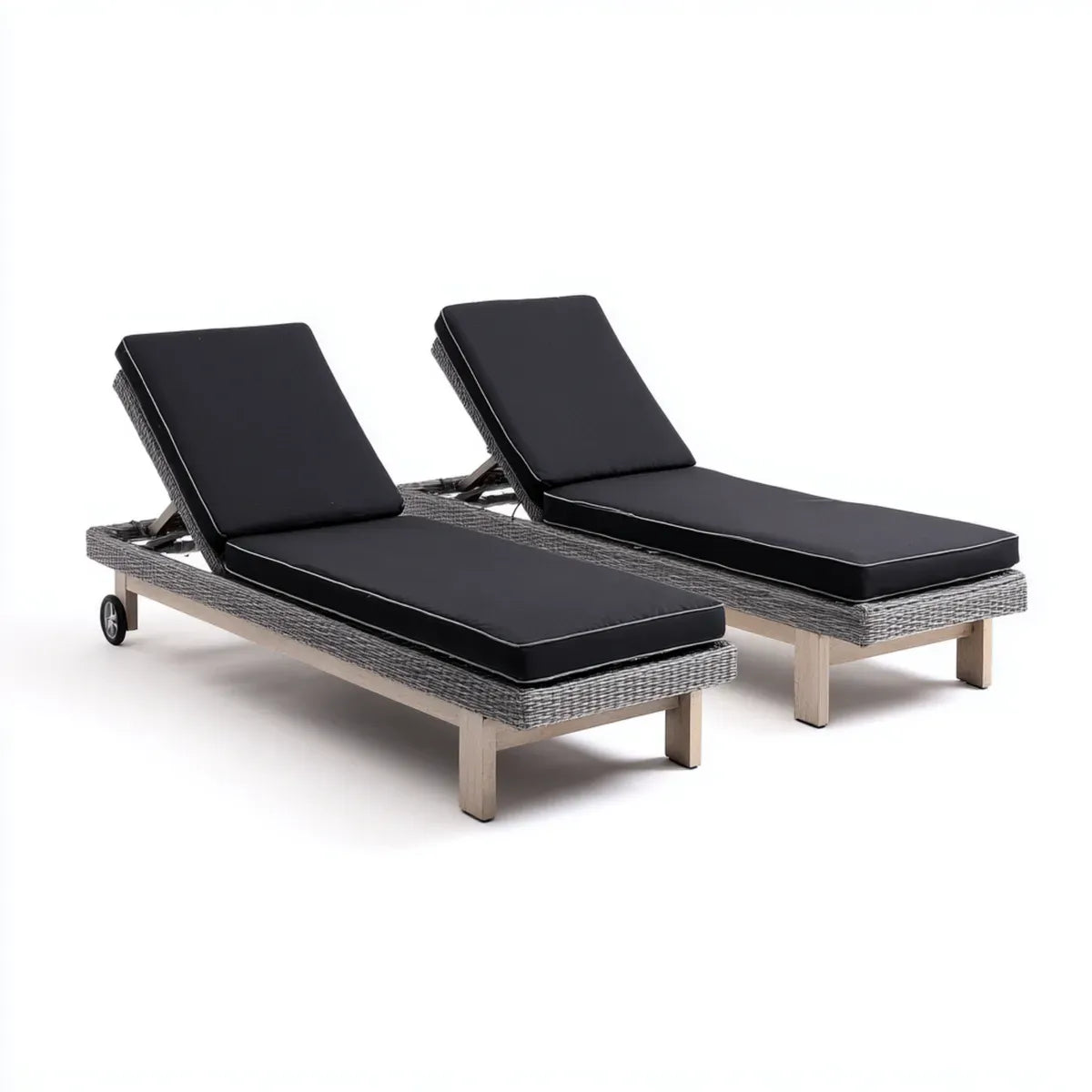 Leżanka ogrodowa, Zestaw 2 regulowane kąpiele słoneczne szare i czarne z żywicy plecionej PE z poduszkami 200 x 65 x 39- 83 cm