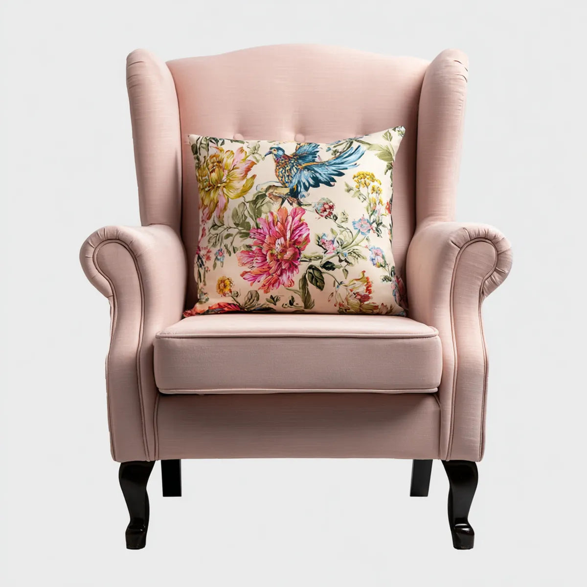 Fotel, bergère różowy fotel z dekoracyjną poduszką z powrotem w poliestrze 80 x 85 x 105 cm
