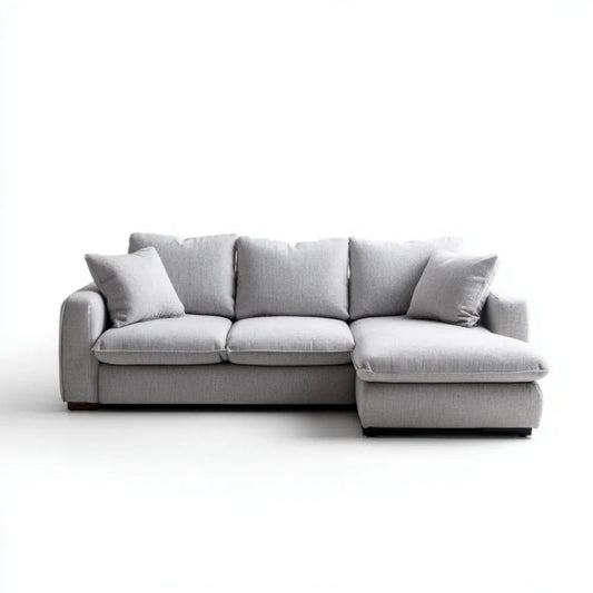 Sofa, 4-osobowa z jasnoszarym poliestrem sofa 260 x 160 x 85 cm z szezlongiem prostym