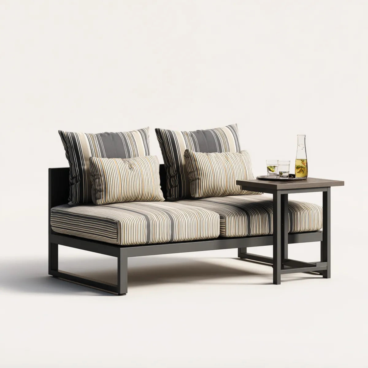 Sofa ogrodowa, 2 fotele czarne i beżowe kanapa ogrodowa ze stalowym stołem bocznym i paski poduszki 160 x 75 x 70 cm