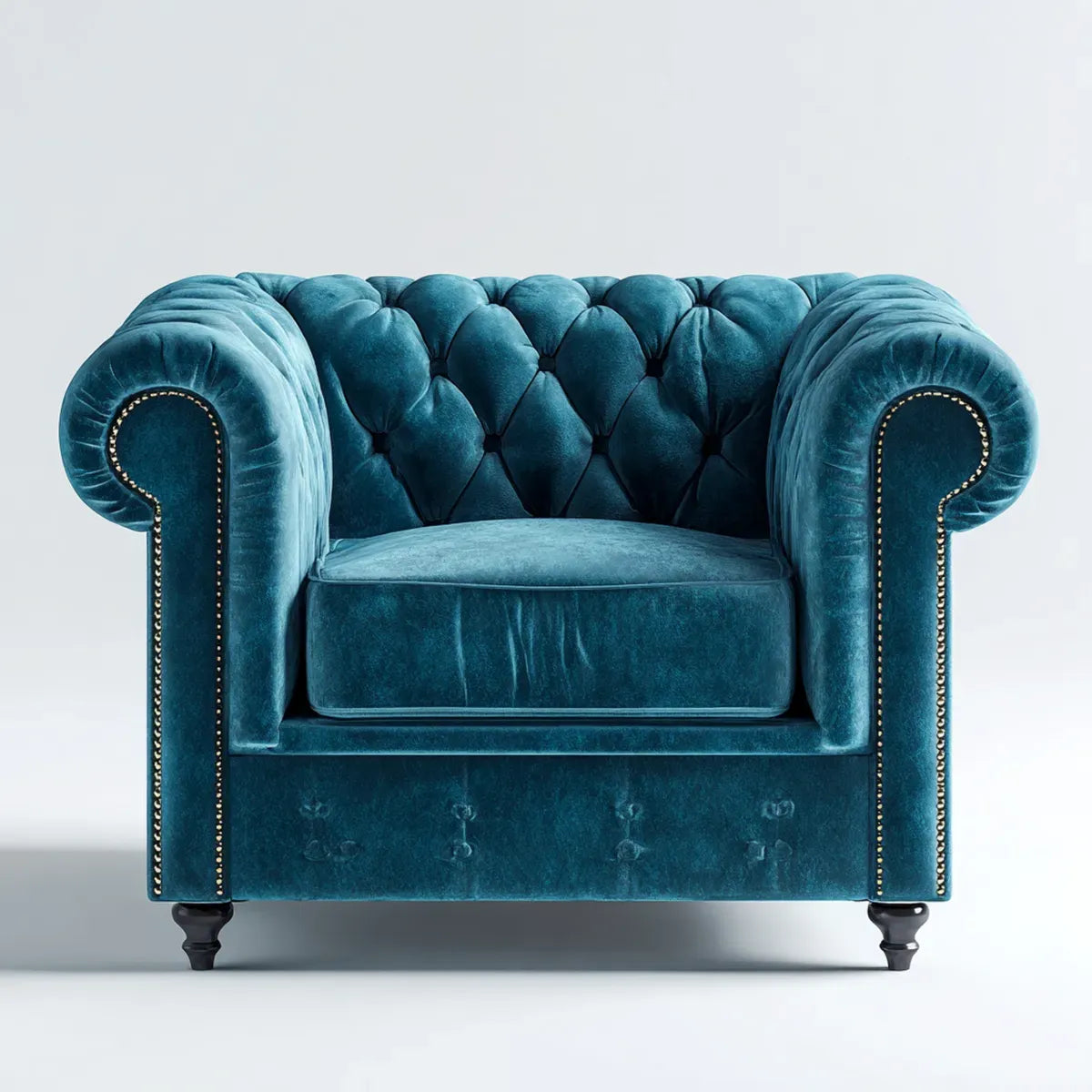 Fotel, Chesterfield fotel niebieski olej aksamitny poliester 115 x 90 x 78 cm z tyłu
