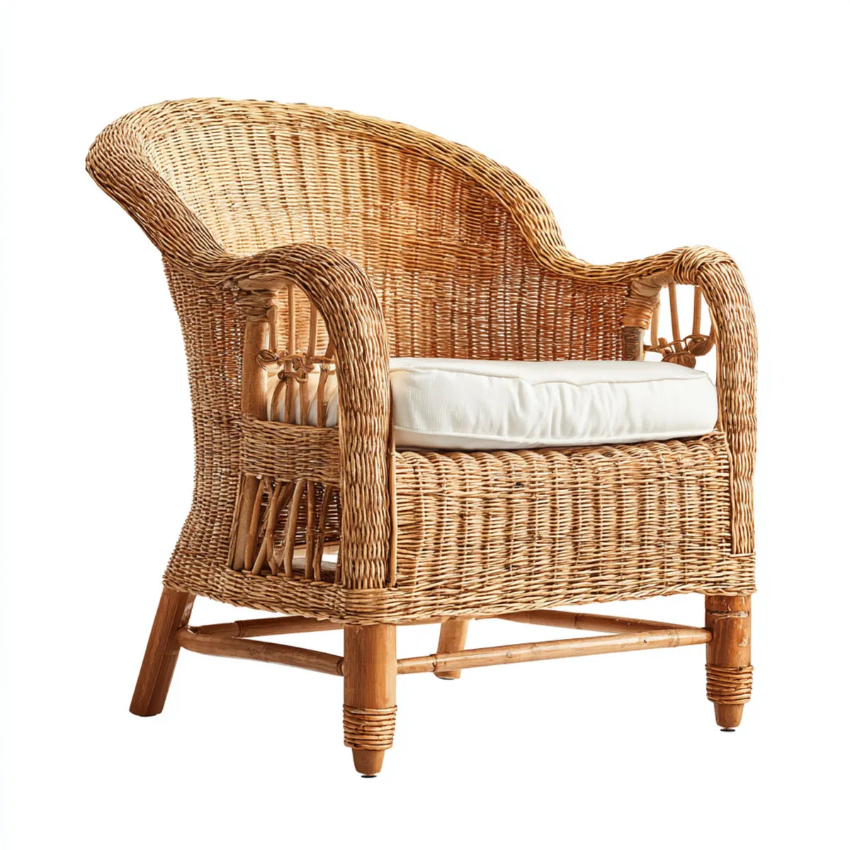 Fotel, Naturalny brązowy rattan salon krzesło z białą poduszką 75 x 80 x 90 cm