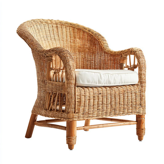 Fotel, Naturalny brązowy rattan salon krzesło z białą poduszką 75 x 80 x 90 cm