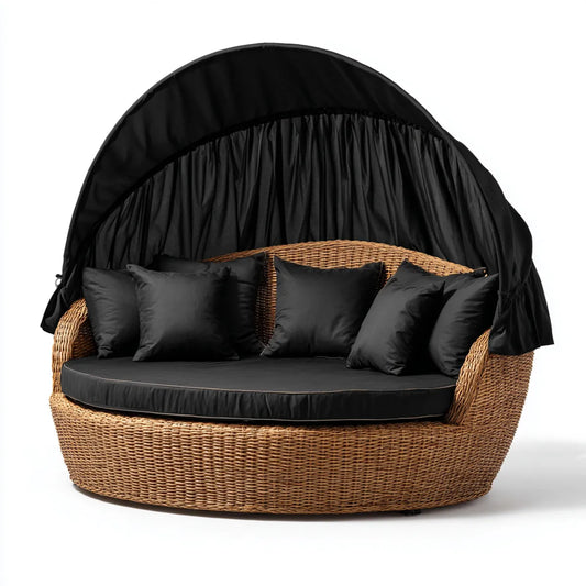 Sofa ogrodowa, Okrągły ogród sofa 2 naturalne i czarne siedzenia z prezerwatywą 180 x 110 x 175 cm w PE i żywicy poliestrowej plecionej