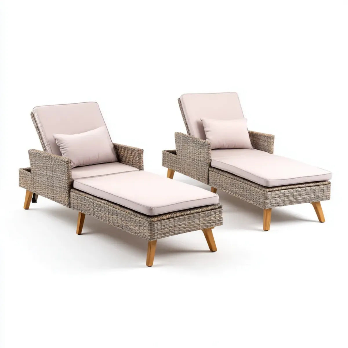 Leżanka ogrodowa, Zestaw 2 opalenizny leżące szare beżowe rattan PE z poduszkami 195 x 70 x 70 cm
