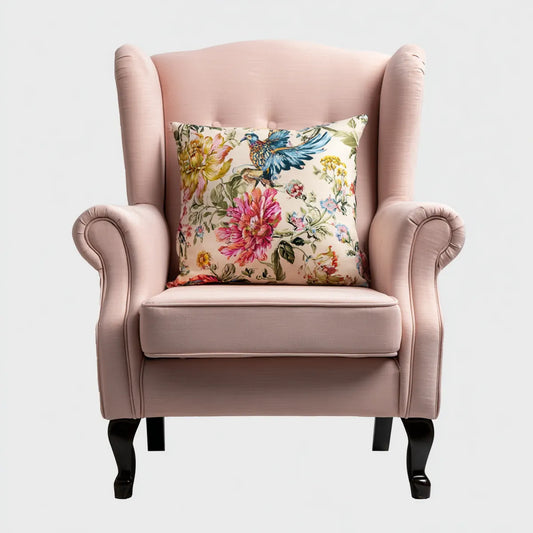 Fotel, bergère różowy fotel z dekoracyjną poduszką z powrotem w poliestrze 80 x 85 x 105 cm