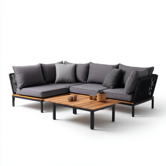 Sofa ogrodowa, 3 części narożniki meble ogrodowe szary antracyt i naturalna stal polipropylenowa i acacia 250 x 190 x 75 cm